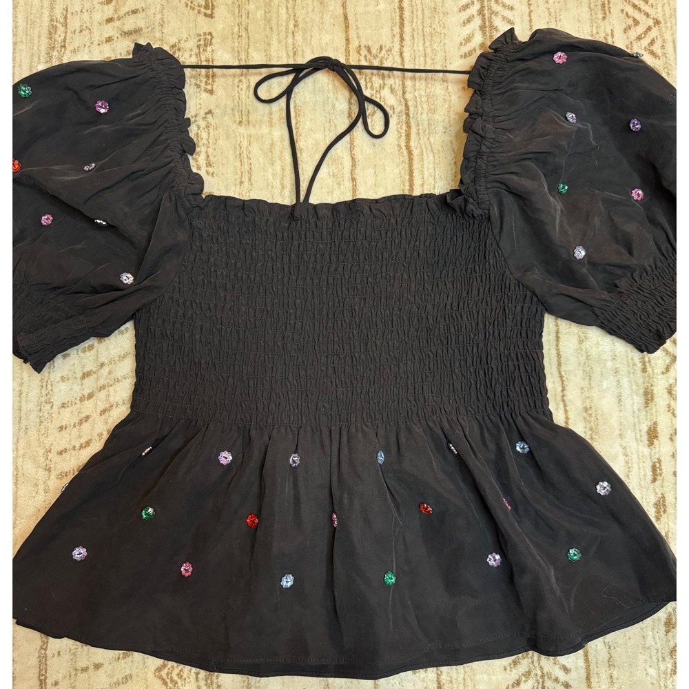 Hill House Beaded Babydoll Top Smocked Puff Sleeve Blouse Women's Small Stretch - Picture 8 of 8